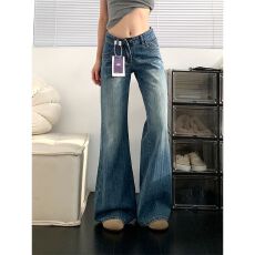 批发美式辣妹复古水洗微喇阔腿牛仔裤女低腰宽松喇叭拖地裤
