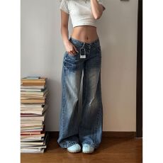 批发美式复古阔腿微喇牛仔裤女低腰宽松显瘦直筒拖地长裤子