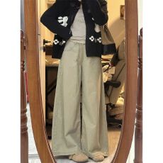 批发美式复古卡其色宽松阔腿牛仔裤女高腰直筒休闲拖地长裤