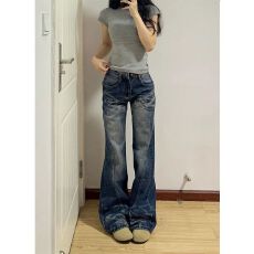 批发美式复古水洗拼接牛仔裤女低腰设计感微喇叭阔腿裤子潮