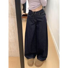 批发深蓝色美式宽松阔腿牛仔裤女高腰显瘦休闲直筒拖地长裤