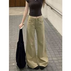 批发美式辣妹卡其色不贴腿微喇牛仔裤女低腰显瘦拖地喇叭裤