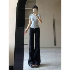 批发黑色微喇叭牛仔裤女新款辣妹低腰显瘦不贴腿马蹄拖地裤