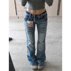 批发美式低腰窄版直筒牛仔<b class='q'>裤</b>女新款<b class='q'>修身</b>显瘦弹力微喇<b class='q'>裤</b>子潮