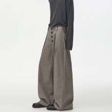 批发秋冬老钱风前排纽扣褶皱宽松挺阔<b class='q'>西裤</b><b class='q'>男</b>女通勤休闲直筒长裤