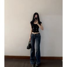 批发秋季新款美式复古微喇低腰牛仔显瘦水洗做旧拖地<b class='q'>修身</b>窄版<b class='q'>裤</b>子