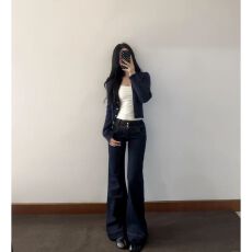 批发复古双腰扣微喇牛仔<b class='q'>裤</b>女秋季低腰显瘦不贴腿宽松百搭直筒<b class='q'>裤</b>潮
