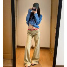 批发复古卡其色阔腿<b class='q'>牛仔裤</b>女秋季不贴腿显瘦低腰垂感百搭<b class='q'>微喇</b>叭裤