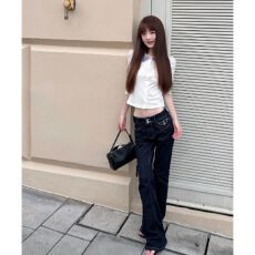 批发复古深蓝低腰<b class='q'>牛仔裤</b>女新款秋季显瘦弹力不贴腿修身<b class='q'>微喇</b>裤子潮
