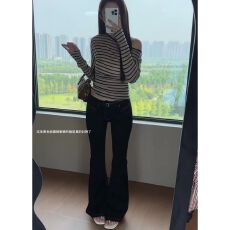 批发秋季新款水洗黑色低腰<b class='q'>微喇</b>修身显瘦辣妹拖地<b class='q'>牛仔裤</b>子女
