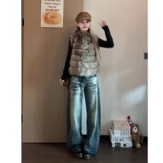 批发复古做旧磨白弯刀牛仔裤女秋季2026新款宽松直筒阔腿镰刀<b class='q'>裤子</b>