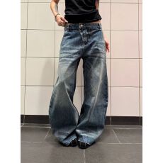 批发美式水洗猫须竹节纹阔腿<b class='q'>牛仔裤</b>男女设计感宽松直筒长裤