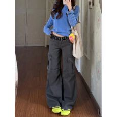 批发复古做旧大口袋低腰<b class='q'>微喇</b><b class='q'>牛仔裤</b>女秋季新款宽松阔腿工装裤