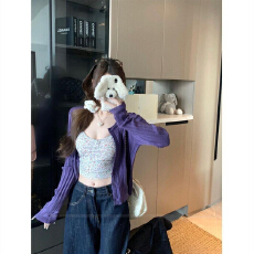 批发开衫女<b class='q'>春</b>季外套碎花吊带两件套外搭短款葡萄紫肌理感针织