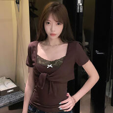 批发人棉260克#美拉德<b class='q'>蕾丝</b>拼接蝴蝶结短袖t恤女夏季新款绑带吊带<b class='q'>开衫</b>
