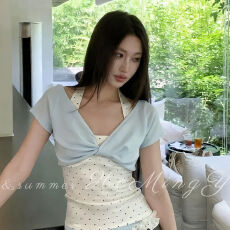 韩系小众短袖t恤防晒罩衫女夏季新款穿搭波点挂脖背心假两件套衫