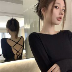 批发原版面料做法#性感辣妹大露背长袖T恤女<b class='q'>春秋</b>别致后背镂空罩衫上衣