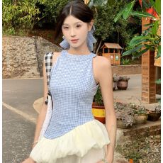 批发原版面料做法#韩系千金感挂脖格子背心女网纱温柔风显瘦百搭上衣