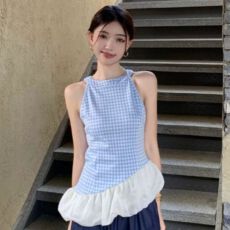 批发原版面料做法#不规则网纱拼接温柔蓝色格挂脖吊带背心女无袖上衣