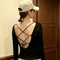 批发原版面料做法#纯欲甜辣镂空露背长袖t恤女美背绑带百搭短款<b class='q'>打底</b>衫