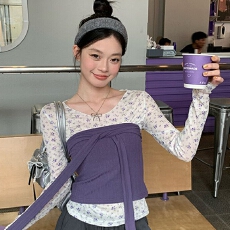 简约碎花小圆内搭小衫+叠穿纯色百搭休闲绑带抹胸两件套女夏新款