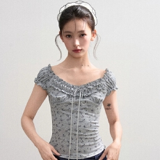 原版面料做法#法式V领碎花短袖T恤女夏一字领木耳边系带短款上衣