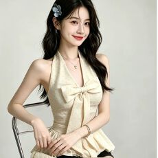 2026夏季新款蝴蝶结甜美气质V领挂脖背心女修身显瘦百搭无袖上衣