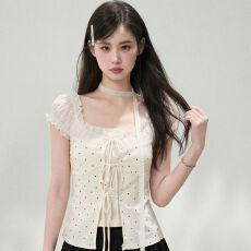批发气质温柔<b class='q'>甜美</b>修身显瘦吊带假两件短袖T恤波点印花绑带带飘带上衣