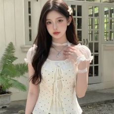 批发<b class='q'>甜美</b>风蕾丝拼接波点一字肩泡泡袖T恤女夏辣妹显瘦穿搭假两件上衣