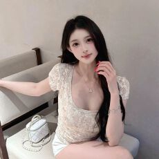 批发性感清纯蕾丝碎花纯欲正肩短袖t恤女U领夏季辣妹收腰显瘦短款上衣