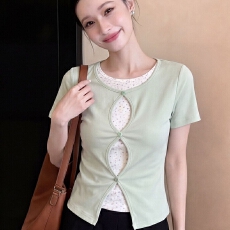 批发<b class='q'>日系</b>别致独特漂亮正肩短袖t恤女夏季小众百搭碎花镂空假两件上衣
