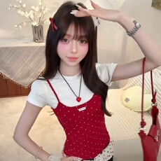 批发撞色波点假两件圆领正肩<b class='q'>短袖</b>T恤<b class='q'>女</b>夏季修身显瘦短款气质减龄上衣