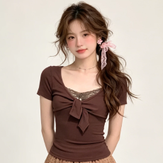 批发美拉德蕾丝拼接蝴蝶结短袖t恤女<b class='q'>夏季</b>新款绑带吊带<b class='q'>开衫</b>辣妹上衣潮