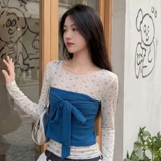 批发少女风套装女<b class='q'>碎花</b>打底衫蓝色抹胸背心休闲裤巨好看的春季两件套潮