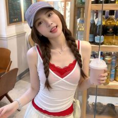 批发美式ins风假两件蕾丝网纱吊带2026<b class='q'>夏</b>季新款高弹收腰高腰短款背心