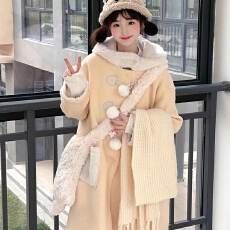 批发温柔风<b class='q'>甜美</b>加厚牛角扣连帽毛呢外套中长款小个子2026初春新款大衣