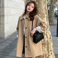 批发小个子风衣女中长款2026春秋季新款韩系简约条纹卷边袖单排扣外套