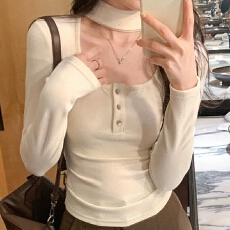批发韩系围脖长袖T恤女2026秋季新款短款收腰显瘦内搭打底针织衫上衣