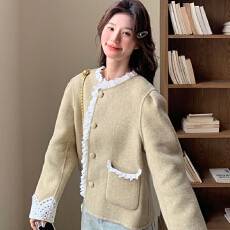 批发<b class='q'>蕾丝</b>花边小香风羊毛呢子外套女2026年春秋季新款韩版显瘦毛呢大衣