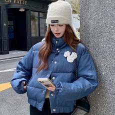 冬季日系短款蓝色牛仔棉服女小个子宽松面包服立领时尚宽松外套潮