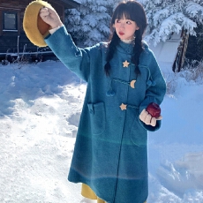 批发韩系复古蓝色连帽外套<b class='q'>女</b>2026秋冬季小个子宽松显瘦中长款呢子<b class='q'>大</b>衣