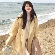 批发高级感黄色呢子外套女冬季大码胖mm宽松韩系气质减龄加厚毛呢大衣