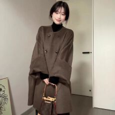 批发美拉德复古咖色呢子外套女装2026秋冬季设计感宽松遮肉中长款<b class='q'>风衣</b>