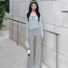 批发韩系轻熟纯欲休闲套装女秋季蕾丝花边开衫吊带内搭微喇<b class='q'>长裤</b>三件套