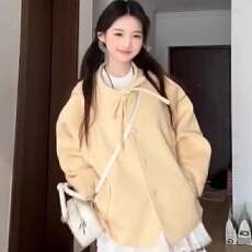 批发小个子宽松加厚呢子<b class='q'>大</b>衣女2026新款法式气质奶黄色蝴蝶结毛呢外套