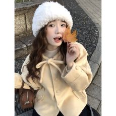 批发奶黄色毛呢<b class='q'>大</b>衣女2026秋冬新款宽松保暖加厚短款甜美开衫外套上衣