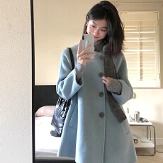 批发蓝色千金蝴蝶结中长款毛呢外套女冬季新款显瘦气质小个子呢子大衣