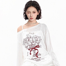 原版面料做法#印花白色斜露肩长袖女2026秋冬设计感小众抽绳上衣