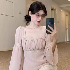 批发原版面料做法# 法式温柔风方领喇叭袖薄雪纺衫女秋冬蕾丝拼接上衣
