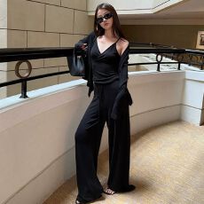 批发质感时尚感三件套2026初秋宽松慵懒风<b class='q'>开衫</b>修身吊带阔腿裤套装时尚